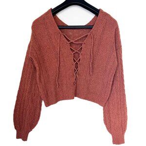 Boho Lace-Up Crop Sweater | Chunky Knit Long Sleeve | Cottagecore Y2K